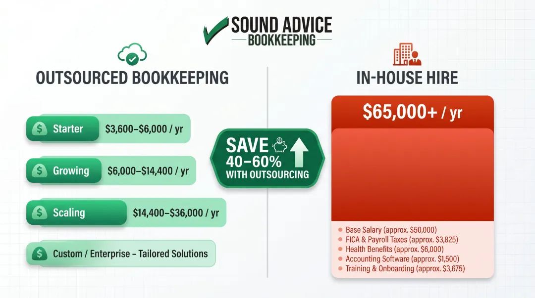 Outsourced bookkeeping versus full-time in-house bookkeeper annual cost comparison chart