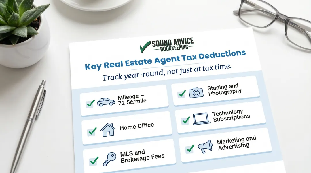 Real estate agent tax deduction categories checklist infographic for Schedule C filing