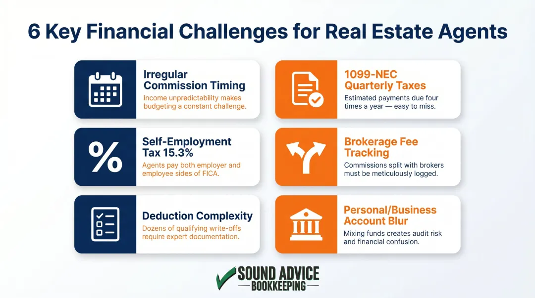 Six real estate agent financial challenges infographic including commission timing and taxes