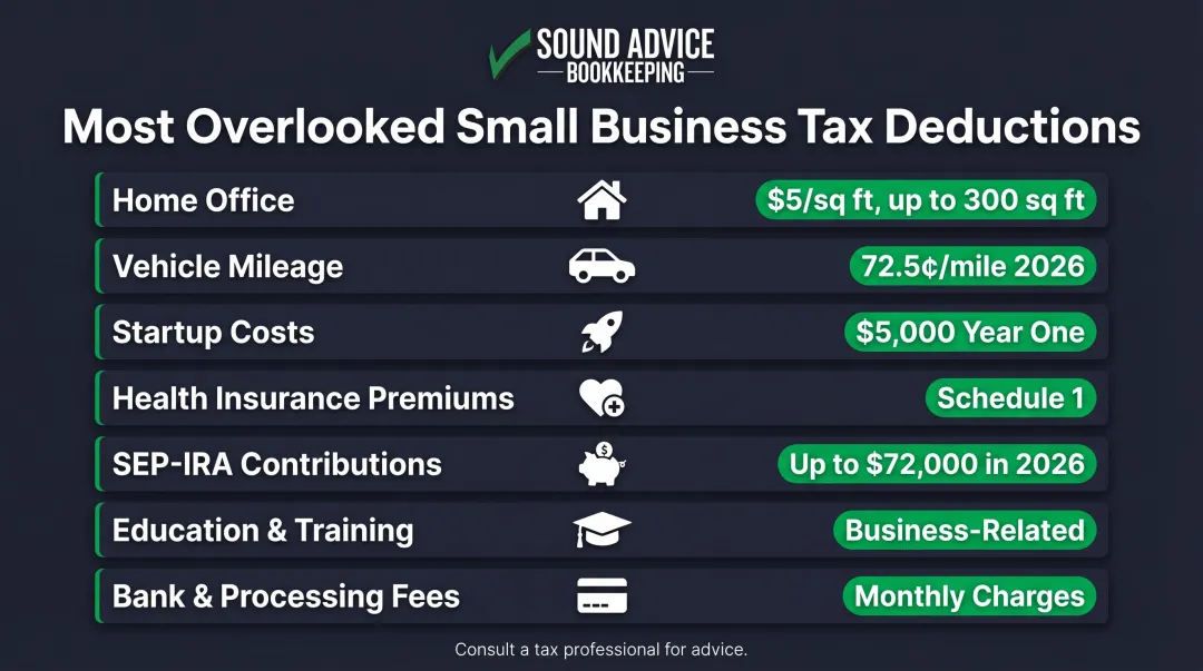 Seven most overlooked small business tax deductions with dollar amounts and eligibility rules
