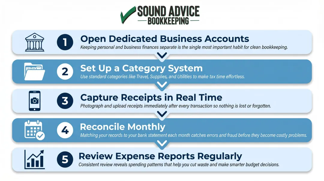 5-step small business expense tracking system process flow infographic