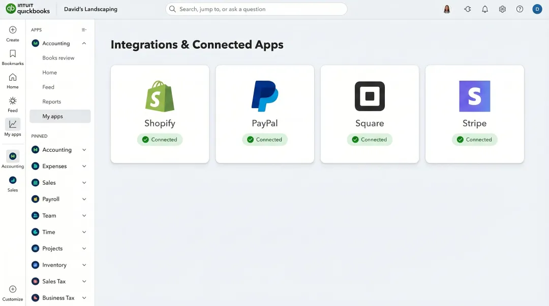 QuickBooks Online integration dashboard showing connected apps including Shopify PayPal Stripe Square