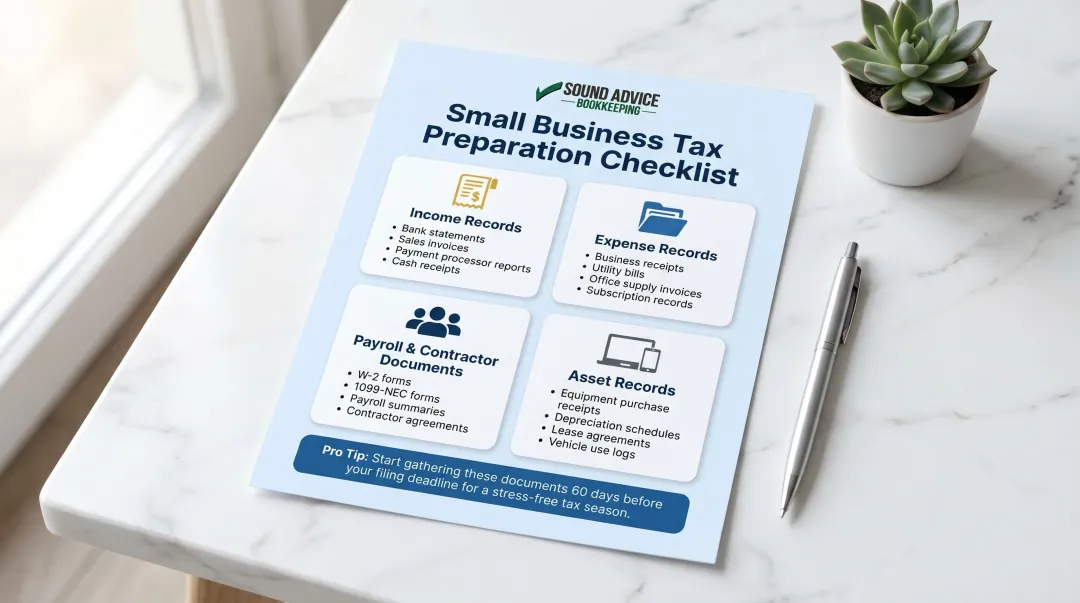 Small business tax document checklist categories income expenses payroll assets
