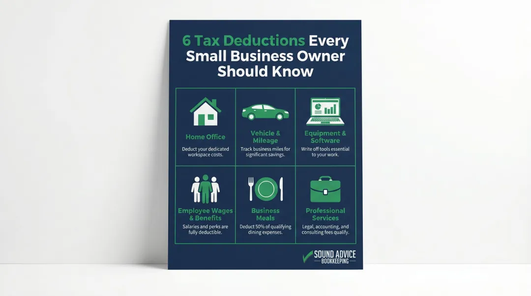 Six common small business tax deductions overview infographic with icons