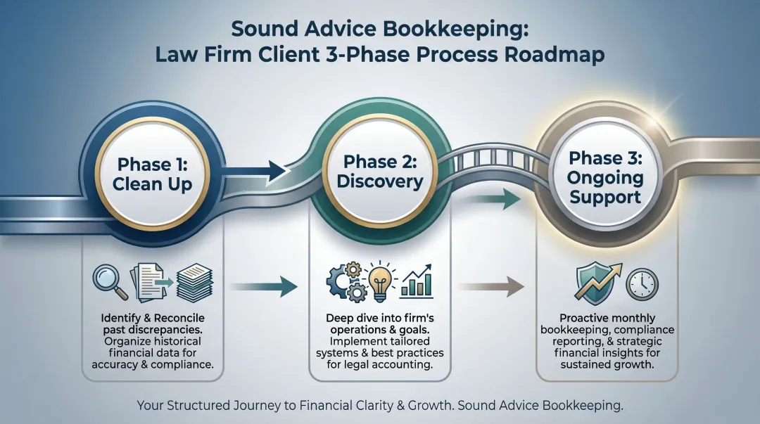 Sound Advice Bookkeeping three-phase onboarding process for law firm clients