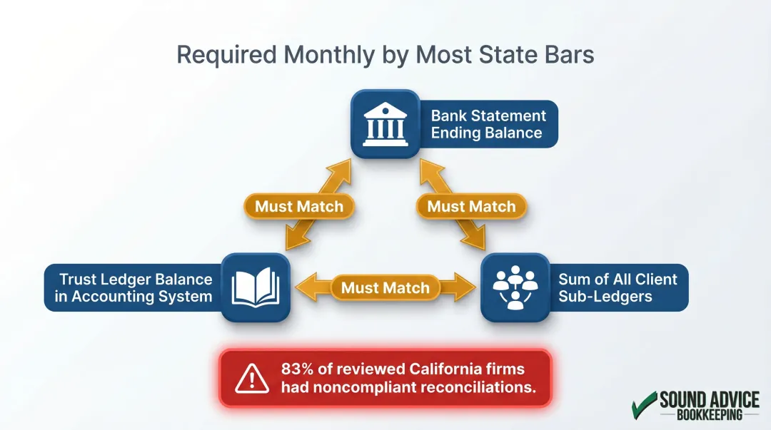 Three-way trust account reconciliation process showing required matching balances