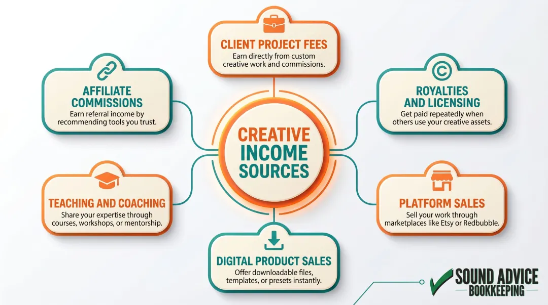 Six creative business income streams categorized with tax treatment overview infographic