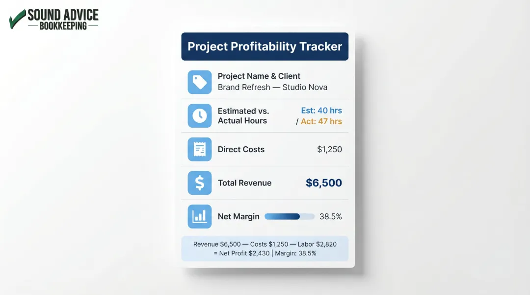 Project profitability tracking template showing five data fields for creative entrepreneurs