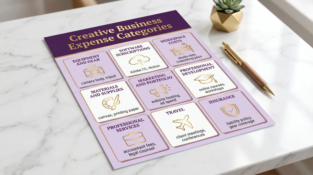 Nine creative entrepreneur tax deduction expense categories with icons and examples