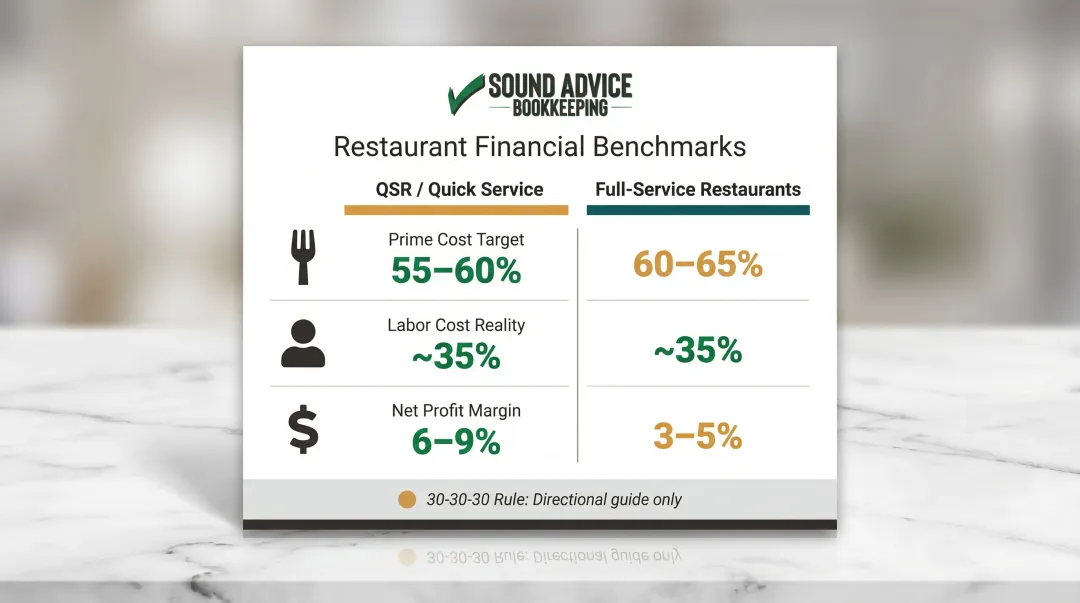Restaurant prime cost and profit margin benchmarks comparison chart for QSR and full-service