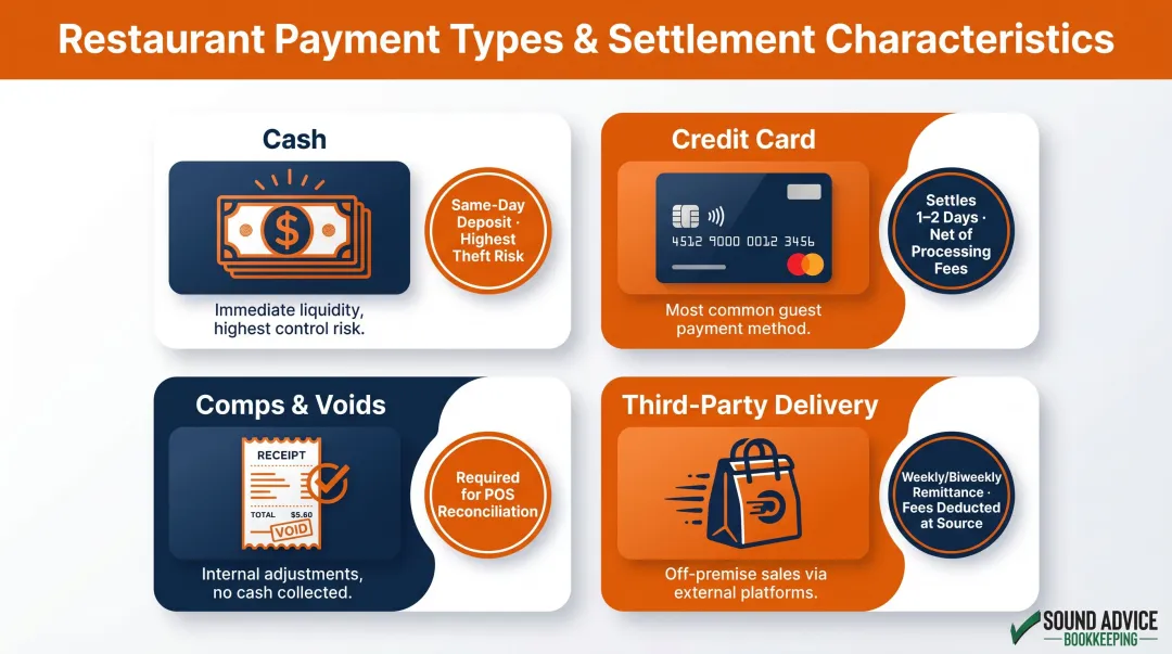 Four payment types in restaurant POS daily sales tracking breakdown infographic