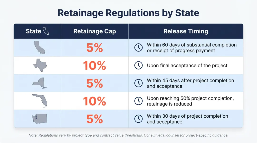 State retainage laws comparison table showing caps and release timing by state