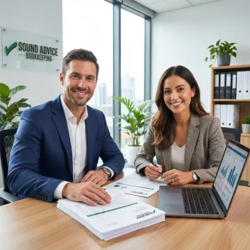 Business tax advisor reviewing financial reports