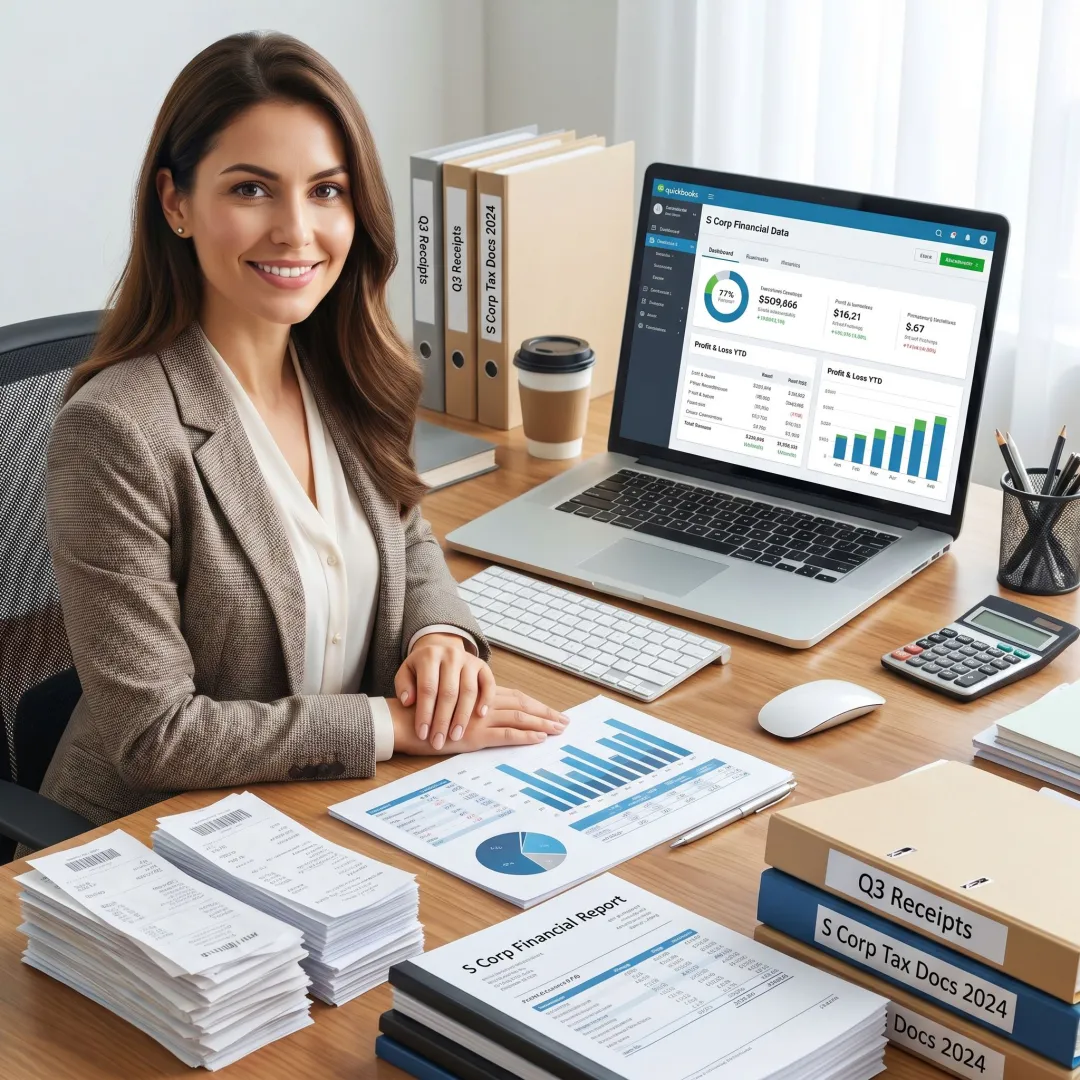 Bookkeeper reviewing monthly financial records for an S Corp