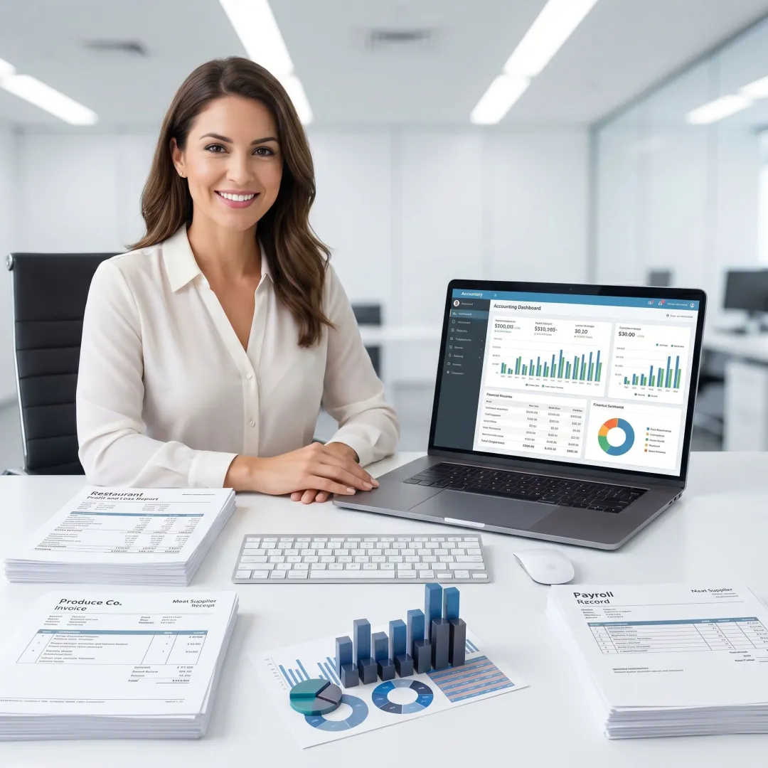 Restaurant bookkeeping professional reviewing financial reports