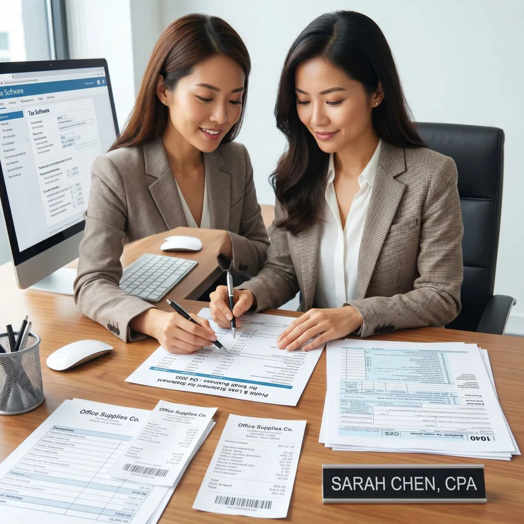 Bookkeeper reviewing tax documents and financial reports
