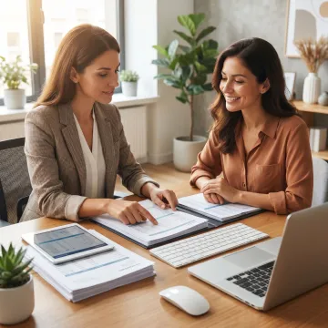 Bookkeeper reviewing financial reports with a small business owner