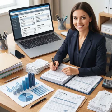 Bookkeeper reviewing sales tax filing documents