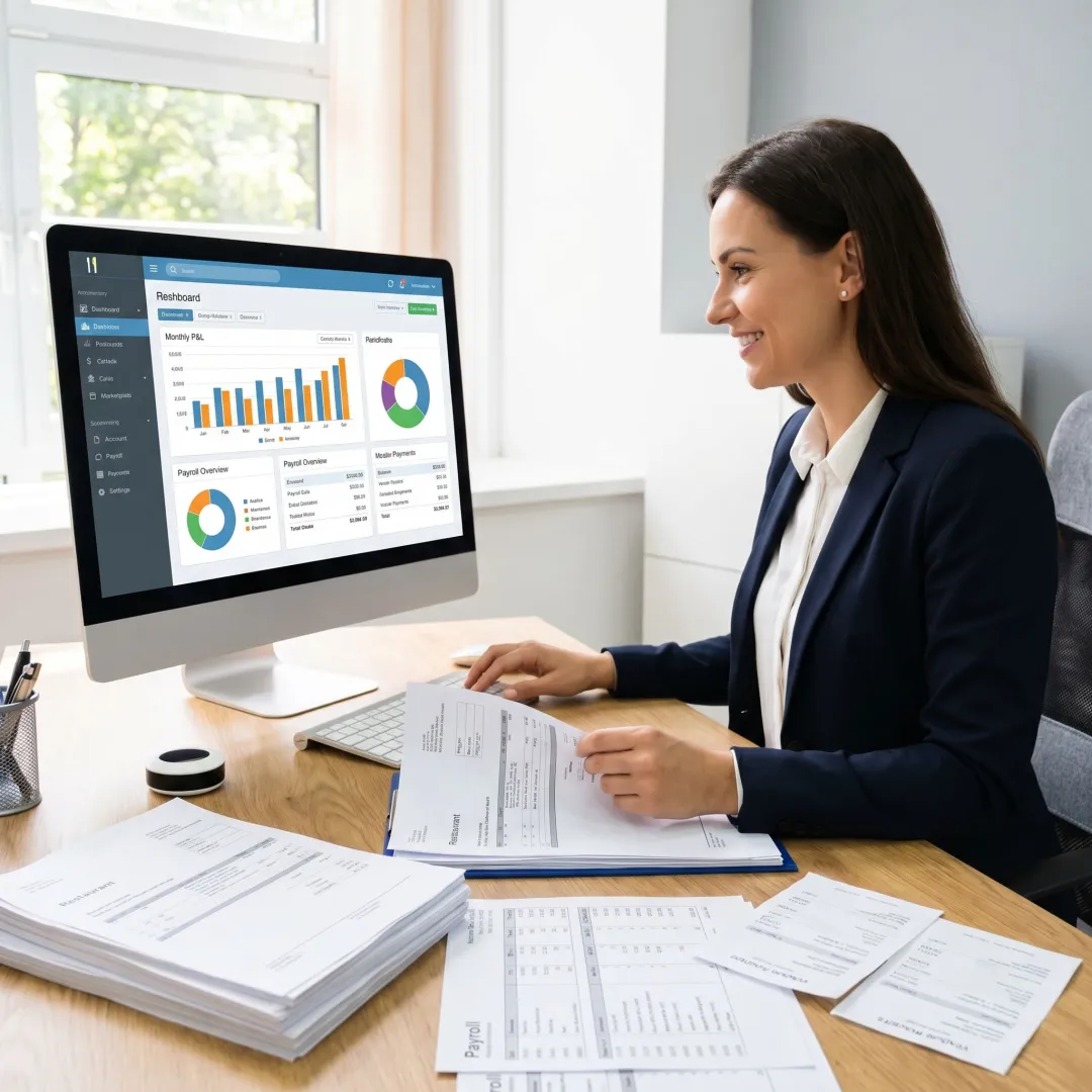 Bookkeeper organizing restaurant accounting workflow