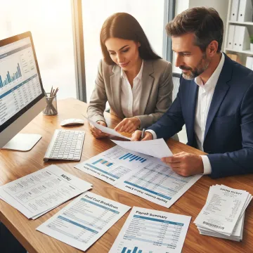 Restaurant owner reviewing financial reports