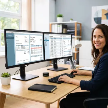 Bookkeeper reviewing invoices and receivables reports