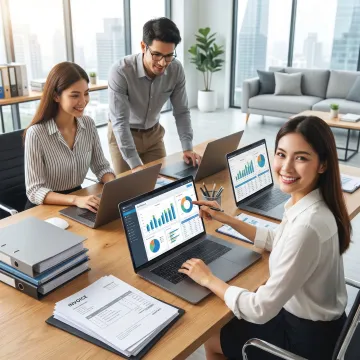 Accounting team reviewing financial reports for a professional services firm