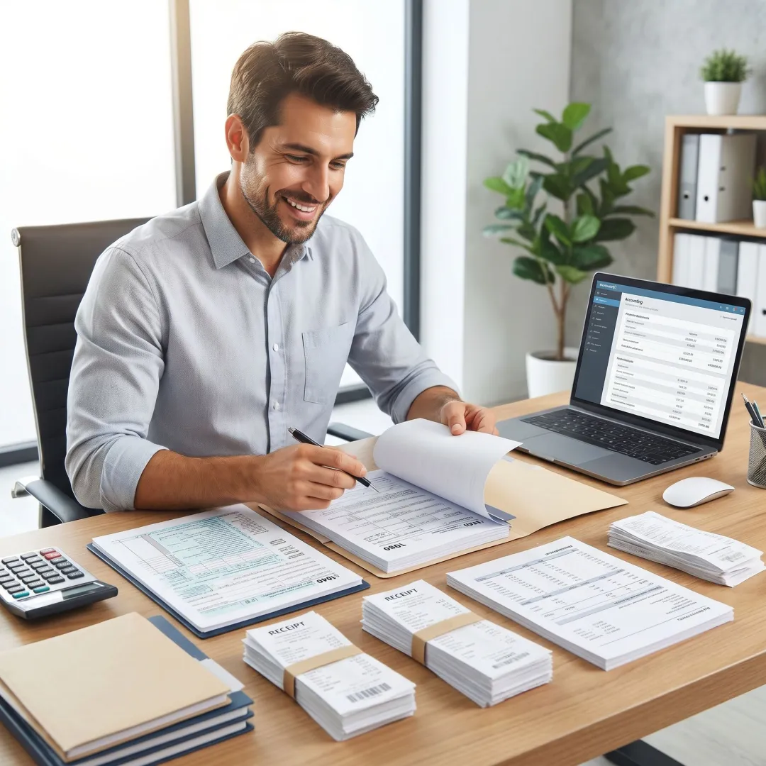 Bookkeeper preparing small business tax documents