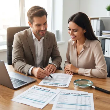 Bookkeeper reviewing business tax documents