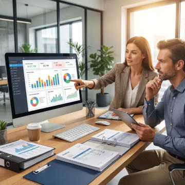 Restaurant accounting team reviewing financial reports