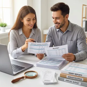Nonprofit bookkeeping team reviewing financial reports