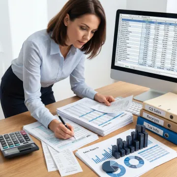 Bookkeeper preparing small business sales tax filing documents