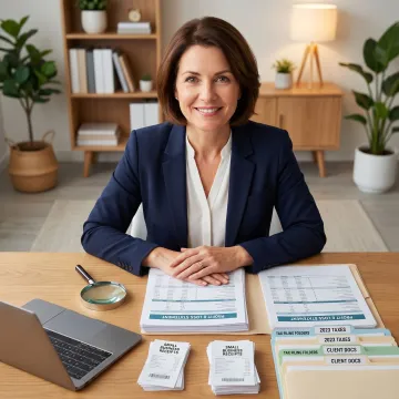 Bookkeeper reviewing tax documents and financial reports