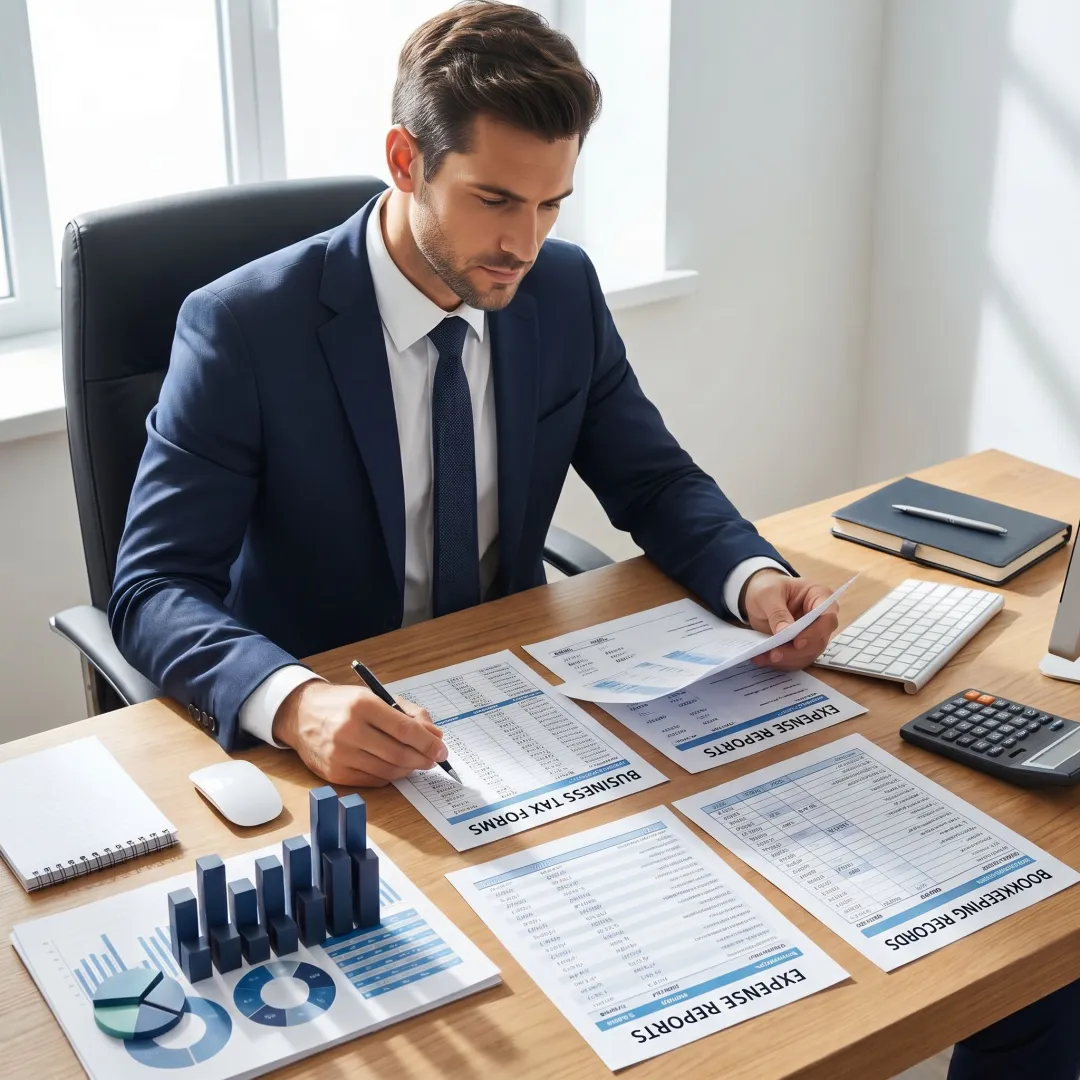 Bookkeeper reviewing business tax records