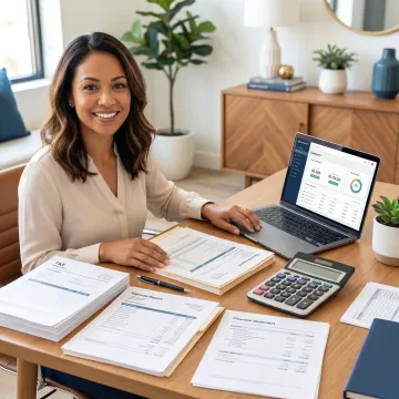 Bookkeeper reviewing tax documents and financial reports