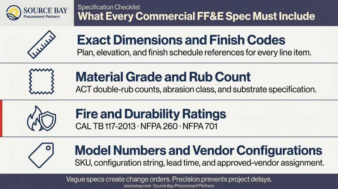 Commercial FF&E specification requirements checklist infographic with four key criteria