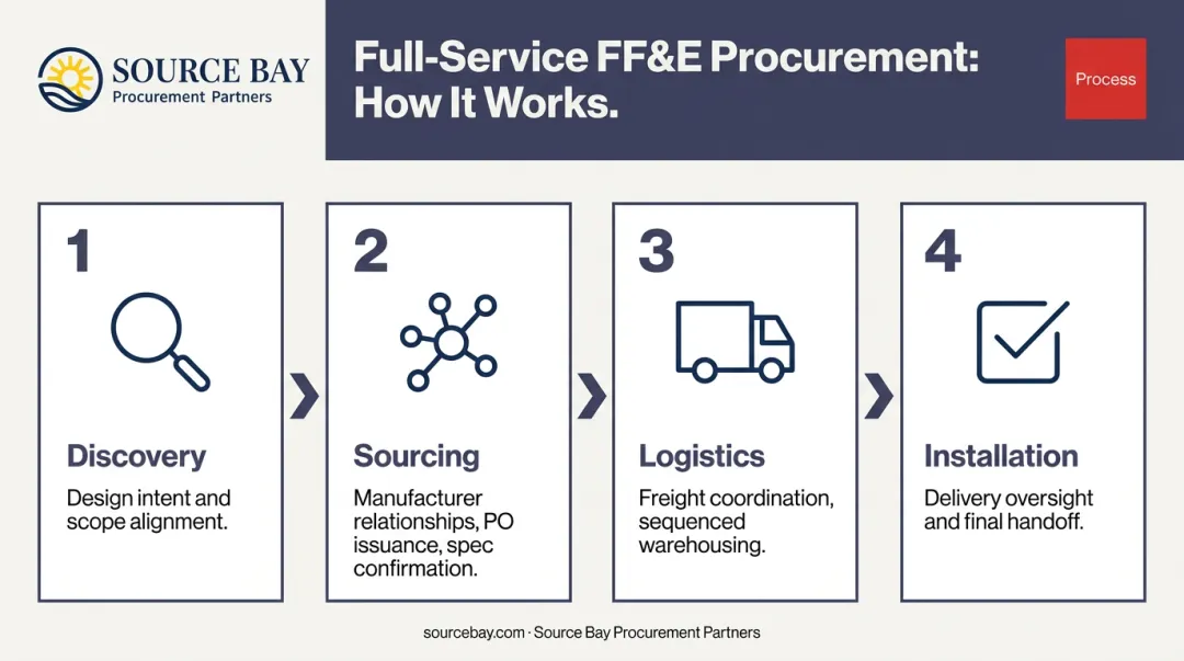 Four-phase FF&E procurement partner process from discovery to installation flow diagram