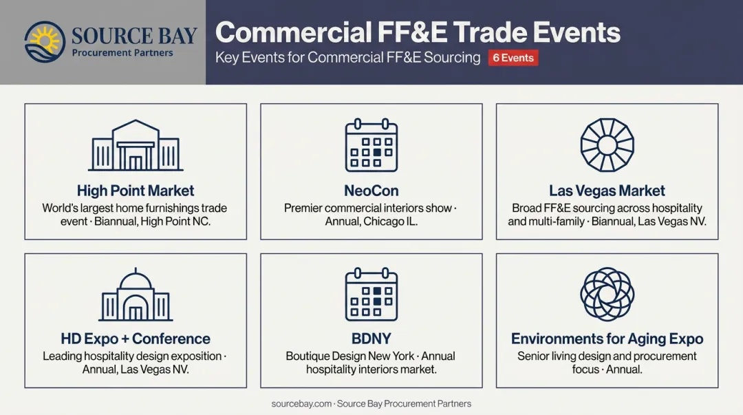 Six major commercial interior design trade markets and fairs comparison infographic