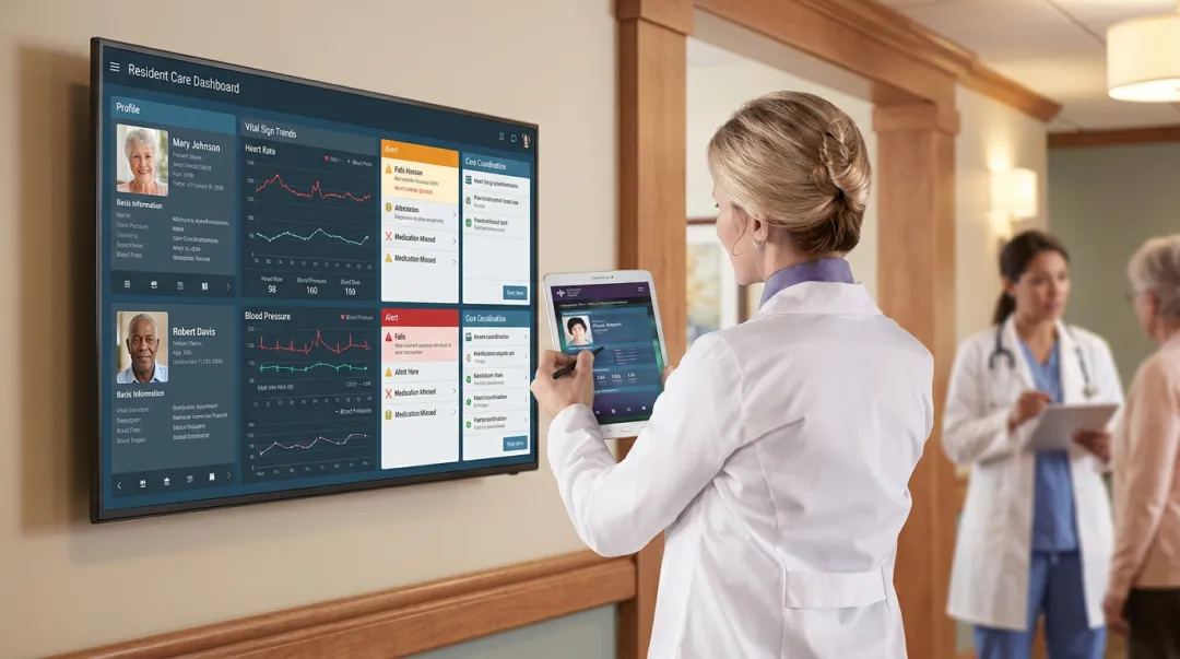 Care team reviewing remote patient monitoring data on digital dashboard interface