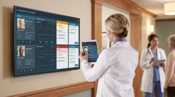 Care team reviewing remote patient monitoring data on digital dashboard interface