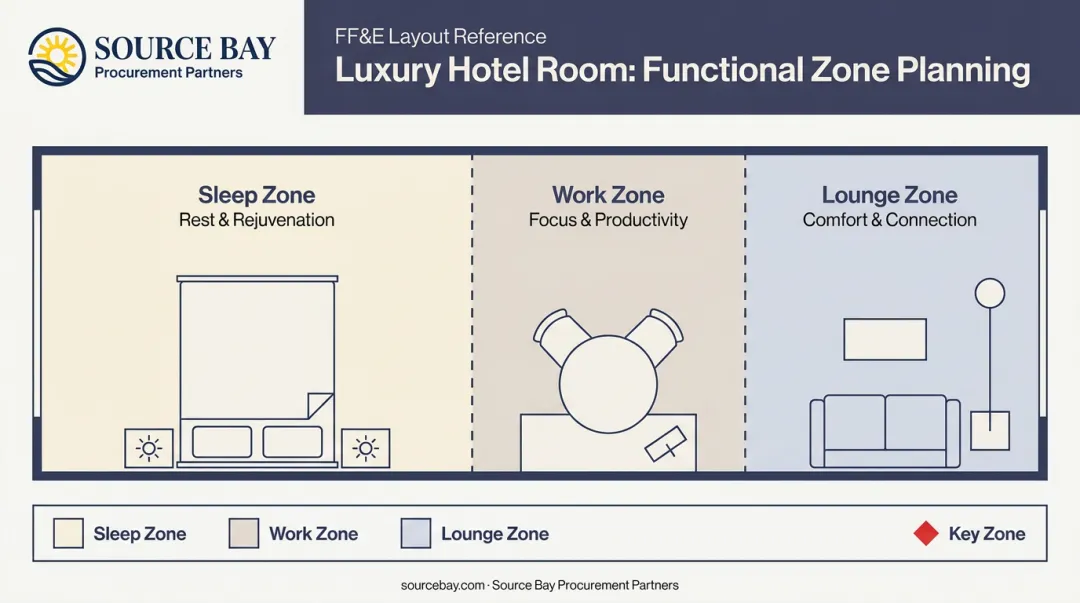 Luxury hotel room spatial zoning layout with three distinct guest zones