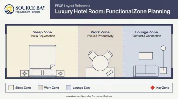 Luxury hotel room spatial zoning layout with three distinct guest zones