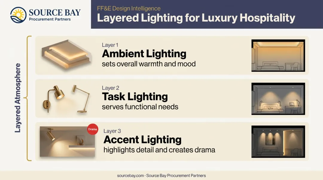 Three-layer luxury hotel room lighting system ambient task and accent infographic