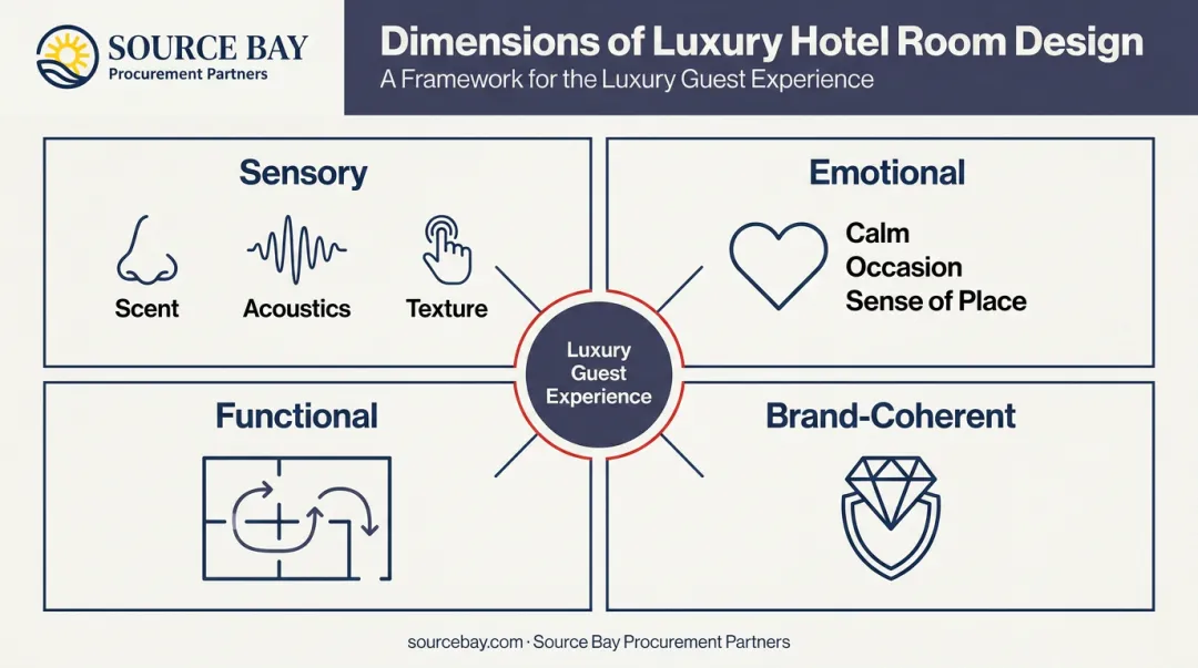 Four dimensions of luxury hotel room design experience framework infographic