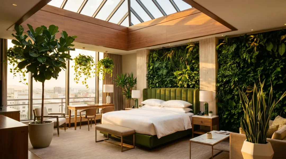 Luxury hotel room with biophilic design features living wall and natural light