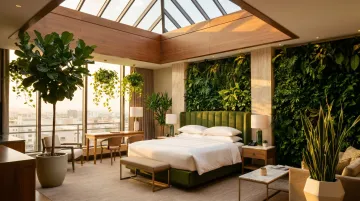 Luxury hotel room with biophilic design features living wall and natural light