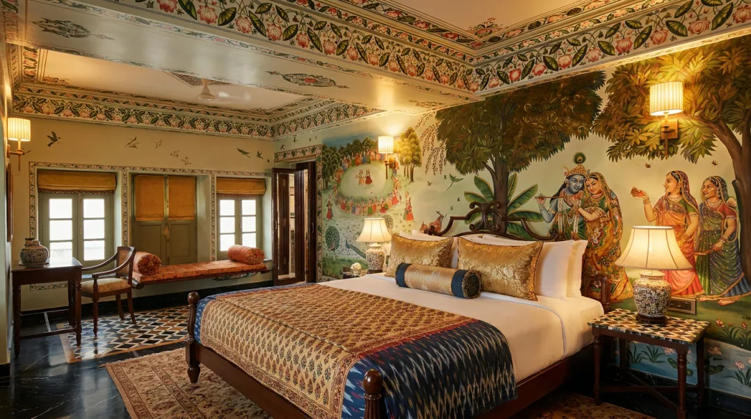 Culturally authentic luxury hotel room interior with locally sourced art and materials