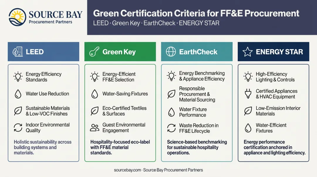 LEED Green Key EarthCheck ENERGY STAR hotel FF&E certification requirements comparison chart