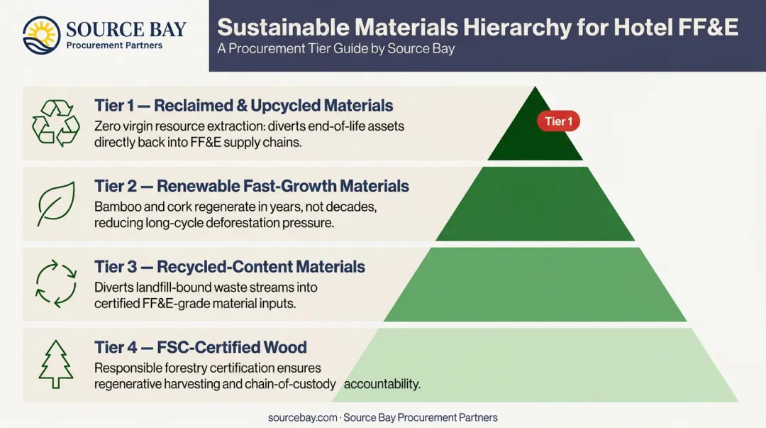 Four-tier sustainable hotel furniture material hierarchy from reclaimed to FSC-certified wood