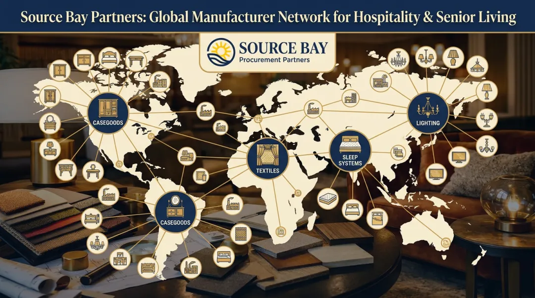 Source Bay Partners vendor network manufacturer relationships spanning commercial FF&amp;E categories