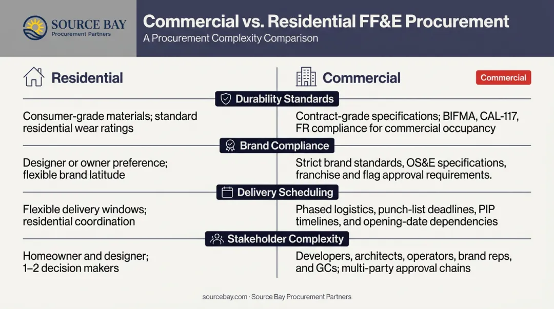 Commercial versus residential FF&amp;E procurement four key differences comparison infographic
